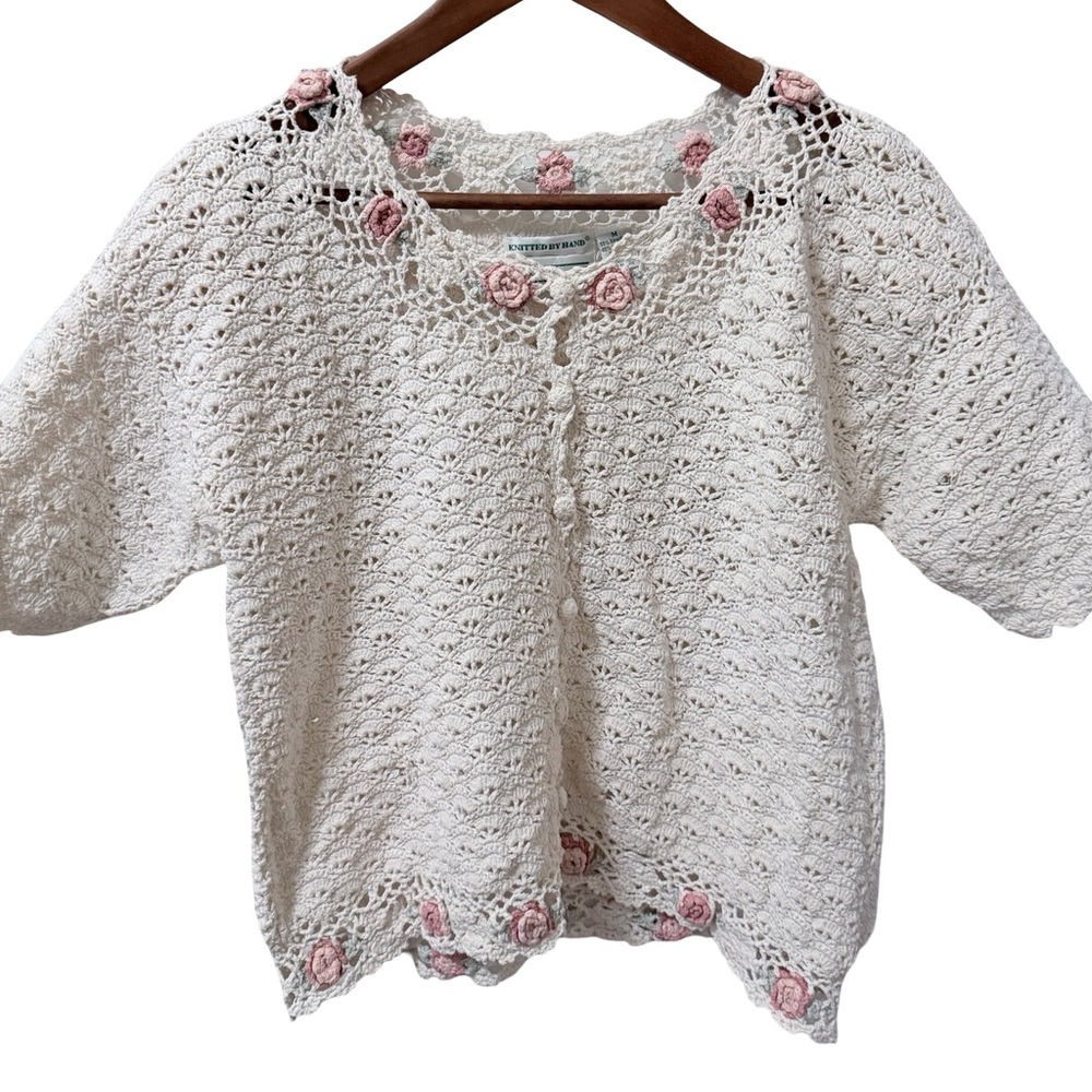 Vintage Crochet Floral Accent Cardigan — White with 3D Pink Roses